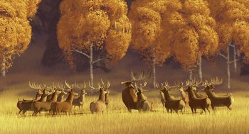 Movie still from “Open Season” (2006), directed by Roger Allers – A herd of deer standing on top of a grass covered field; Extreme Wide shot, Low angle