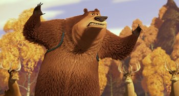 Movie still from “Open Season” (2006), directed by Roger Allers – A brown bear standing next to a deer; Medium shot, Low angle