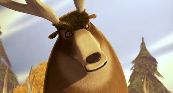 Movie still from “Open Season” (2006), directed by Roger Allers – An animal with horns is looking at the camera; Close Up shot, High angle