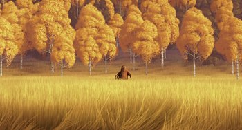 Movie still from “Open Season” (2006), directed by Roger Allers – An animated scene of a bear in the middle of a field; Extreme Wide shot, Low angle