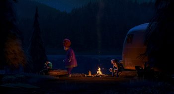 Movie still from “Open Season” (2006), directed by Roger Allers – A group of people sitting around a campfire at night; Extreme Wide shot, High angle