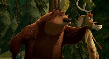 Movie still from “Open Season” (2006), directed by Roger Allers – A brown bear standing next to a tree; Close Up shot, Low angle