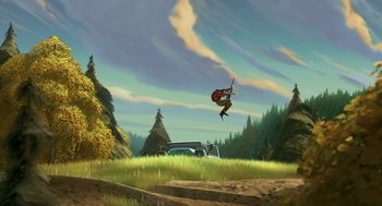 Movie still from “Open Season” (2006), directed by Roger Allers – A man flying through the air while holding a guitar; Extreme Wide shot, Low angle