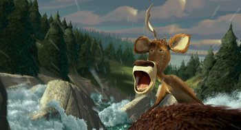 Movie still from “Open Season” (2006), directed by Roger Allers – An animated scene of a deer with a mouth open; Medium shot, Low angle
