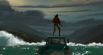 Movie still from “Open Season” (2006), directed by Roger Allers – A man standing on the back of a truck in the water; Extreme Wide shot, Low angle