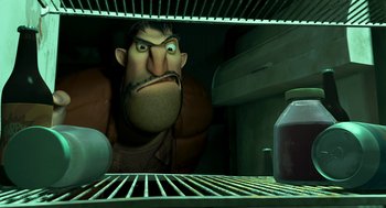 Movie still from “Open Season” (2006), directed by Roger Allers – An animated character looking out of an open refrigerator; Medium shot, Low angle