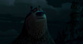 Movie still from “Open Season” (2006), directed by Roger Allers – A brown bear standing in the night sky; Close Up shot, Low angle