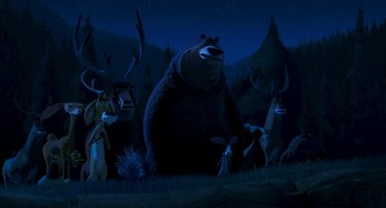 Movie still from “Open Season” (2006), directed by Roger Allers – A group of animals standing in the grass at night; Wide shot, Low angle