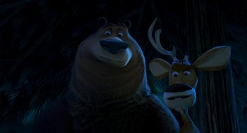 Movie still from “Open Season” (2006), directed by Roger Allers – A couple of animals that are standing in the dark; Medium shot, Low angle