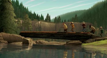 Movie still from “Open Season” (2006), directed by Roger Allers – A couple of people are crossing a bridge over a river; Extreme Wide shot, Low angle