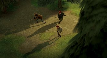 Movie still from “Open Season” (2006), directed by Roger Allers – A group of people are playing a video game; Extreme Wide shot, Overhead angle