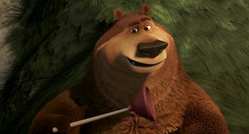 Movie still from “Open Season” (2006), directed by Roger Allers – A brown bear is holding a lollipop in his mouth; Close Up shot, High angle