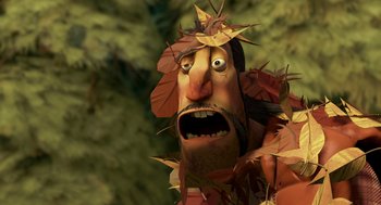 Movie still from “Open Season” (2006), directed by Roger Allers – An animated character with leaves on his head and face; Close Up shot, Low angle