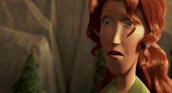 Movie still from “Open Season” (2006), directed by Roger Allers – A woman's face in a forest; Close Up shot, Low angle