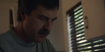 Movie still from “Paddleton” (2019), directed by Alex Lehmann – A person with a mustache; Close Up shot, Low angle