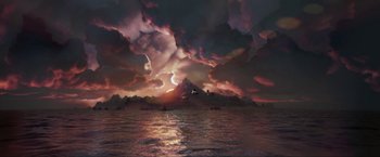 Movie still from “Peter Pan” (2003), directed by P.J. Hogan – A painting of a cloudy sky over a body of water; Extreme Wide shot, High angle