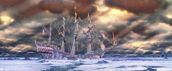 Movie still from “Peter Pan” (2003), directed by P.J. Hogan – A painting of a ship in the middle of the ocean; Extreme Wide shot, Low angle