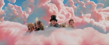 Movie still from “Peter Pan” (2003), directed by P.J. Hogan – A group of children sitting on top of a pink cloud; Wide shot, Low angle