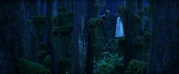 Movie still from “Peter Pan” (2003), directed by P.J. Hogan – Two people are standing in the middle of a forest; Extreme Wide shot, Overhead angle