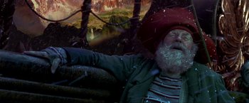Movie still from “Peter Pan” (2003), directed by P.J. Hogan – An old man with a beard and a red hat is sitting in the woods; Close Up shot, Overhead angle