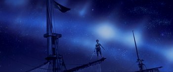 Movie still from “Peter Pan” (2003), directed by P.J. Hogan – A man standing on top of a boat in the night sky; Extreme Wide shot, Low angle