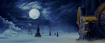 Movie still from “Peter Pan” (2003), directed by P.J. Hogan – An image of an image of a night sky with the moon in the background; Extreme Wide shot, Low angle
