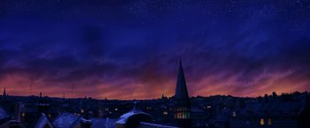 Movie still from “Peter Pan” (2003), directed by P.J. Hogan – A painting of a church steeple at night; Extreme Wide shot, Low angle