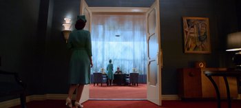 Movie still from “Ratched” (2020), created by Evan Romansky – Two women are standing in front of a large window; Wide shot, Low angle
