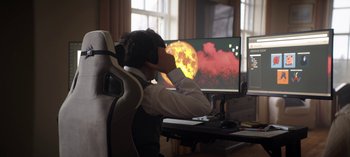 Movie still from “Red Rose” (2022), directed by Ramón Salazar – A man sitting in front of a computer monitor; Medium shot, High angle