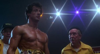 Movie still from “Rocky III” (1982), directed by Sylvester Stallone – Sylvester stallone in a scene from the movie rocky; Medium shot, Low angle