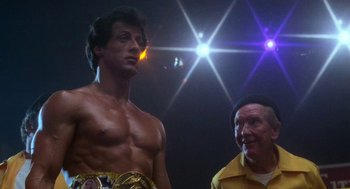 Movie still from “Rocky III” (1982), directed by Sylvester Stallone – Sylvester stallone in a scene from the movie rocky; Medium shot, Low angle