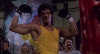 Movie still from “Rocky III” (1982), directed by Sylvester Stallone – Sylvester stallone in a scene from the movie ' rocky; Medium shot, Low angle