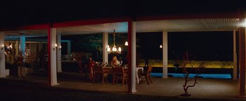 Movie still from “Savages” (2012), directed by Oliver Stone – A group of people sitting at a table at night under an awning; Extreme Wide shot, High angle
