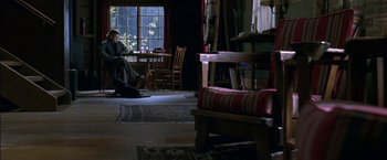 Movie still from “Secret Window” (2004), directed by David Koepp – A woman sitting at a table in front of a window; Wide shot, High angle
