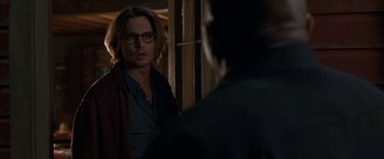 Movie still from “Secret Window” (2004), directed by David Koepp – Johnny depp in a scene from black mass; Close Up shot, Over the shoulder angle