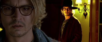 Movie still from “Secret Window” (2004), directed by David Koepp – A man in a hat and glasses looking at a woman in a sweater; Close Up shot, Over the shoulder angle