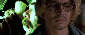 Movie still from “Secret Window” (2004), directed by David Koepp – A person with glasses on; Close Up shot, Overhead angle