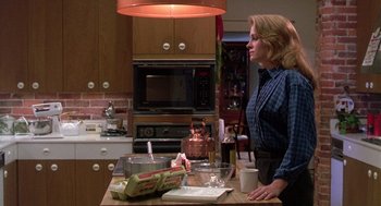 Movie still from “Steel Magnolias” (1989), directed by Herbert Ross – A woman standing at a kitchen counter looking at the counter; Medium shot, Low angle