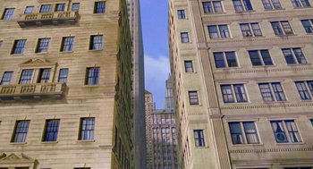 Movie still from “Stuart Little” (1999), directed by Rob Minkoff – Many tall buildings in the city; Extreme Wide shot, High angle