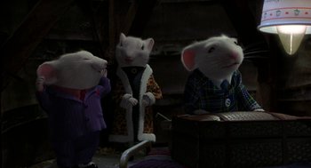Movie still from “Stuart Little” (1999), directed by Rob Minkoff – A group of mice dressed up in costumes; Medium shot, High angle