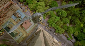 Movie still from “Stuart Little 2” (2002), directed by Rob Minkoff – An aerial view looking down at a city street; Extreme Wide shot, Overhead angle