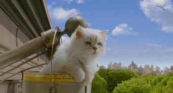 Movie still from “Stuart Little 2” (2002), directed by Rob Minkoff – A white cat sitting on top of a pole in front of trees; Medium shot, Low angle