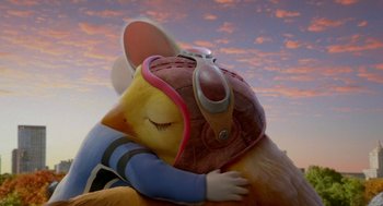 Movie still from “Stuart Little 2” (2002), directed by Rob Minkoff – A stuffed animal with a helmet on it's head; Extreme Close Up shot, High angle