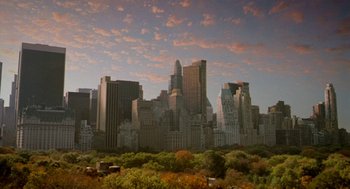 Movie still from “Stuart Little 2” (2002), directed by Rob Minkoff – A view of a city skyline with a sky background; Extreme Wide shot, High angle