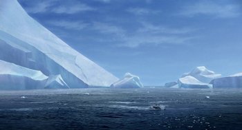 Movie still from “Surf's Up” (2007), directed by Chris Buck – An image of an iceberg in the ocean; Extreme Wide shot, High angle