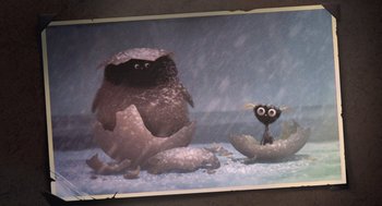 Movie still from “Surf's Up” (2007), directed by Chris Buck – An image of an egg shell with a bird inside of it; Extreme Close Up shot, High angle