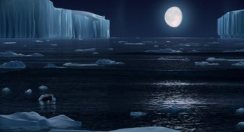 Movie still from “Surf's Up” (2007), directed by Chris Buck – A large body of water near a body of water at night; Extreme Wide shot, High angle