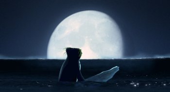 Movie still from “Surf's Up” (2007), directed by Chris Buck – A cat sitting on the ground in front of a full moon; Extreme Wide shot, Low angle