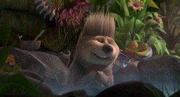 Movie still from “Surf's Up” (2007), directed by Chris Buck – An animated scene of a bear in a pool of water; Medium shot, High angle