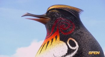 Movie still from “Surf's Up” (2007), directed by Chris Buck – The head of a colorful bird; Extreme Close Up shot, Low angle